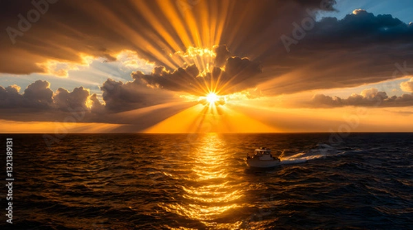 Obraz Dramatic Sun Rays Breaking Through Clouds at Sea