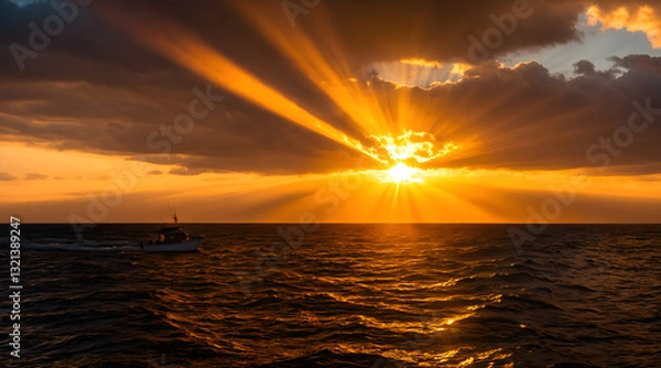 Obraz Dramatic Sun Rays Breaking Through Clouds at Sea