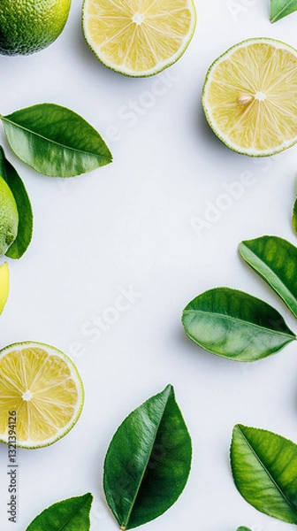 Obraz Fresh Lemon and Lime with Green Leaves and Slices Isolated on White