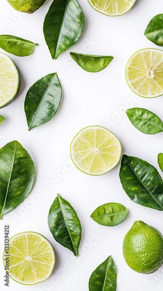 Obraz Fresh Lemon and Lime with Green Leaves and Slices Isolated on White