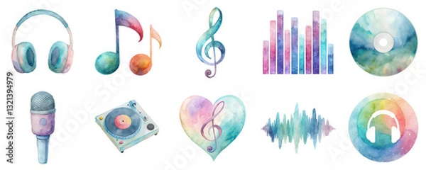 Fototapeta Music elements in watercolor illustration set. Includes headphones, notes, treble clef, microphone, soundwave, vinyl and equalizer in vibrant pastel tones isolated on transparent background.