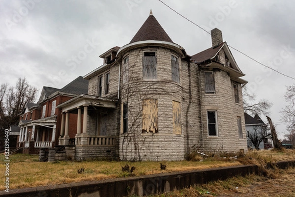 Fototapeta Vintage house with round turret front room boarded up on overcast day in East St. Louis
