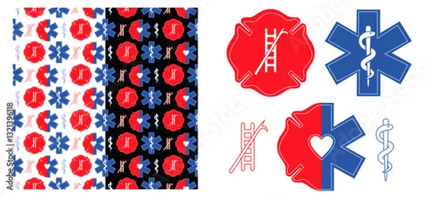 Fototapeta Firefighter and EMS Seamless Vector Pattern with Maltese Cross, Star of Life, and Rescue Icons