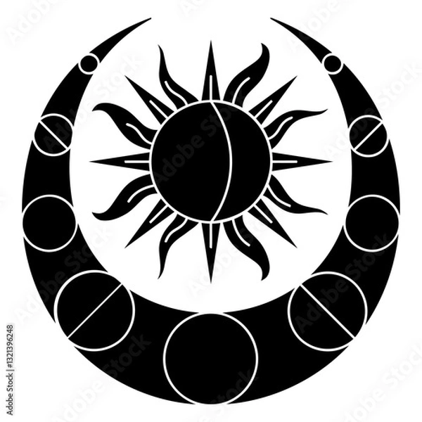 Fototapeta Celestial Harmony: A striking illustration showcasing the celestial dance of sun and moon, intricately intertwined to symbolize balance. 