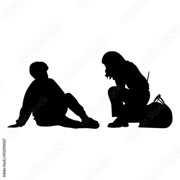 Fototapeta Silhouette Serenity: Two figures in silhouette sit, lost in thought, on a reflective journey amidst the simplicity of a subdued setting. 