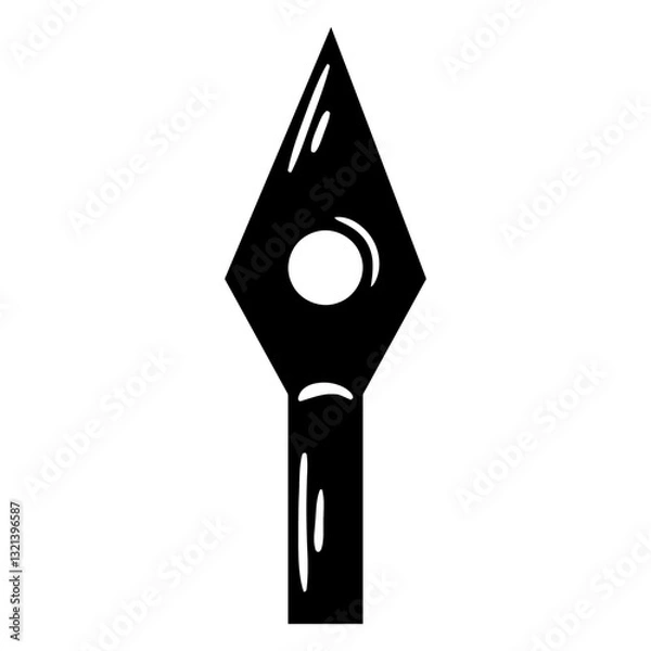 Fototapeta Spearhead Icon: A sleek, minimalist black and white illustration of a spearhead, showcasing sharp edges, a central circular aperture, and a strong, tapering handle.