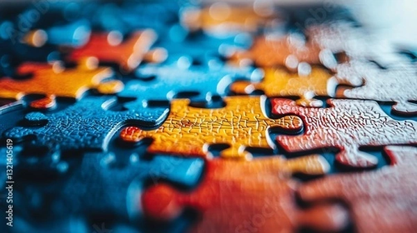 Fototapeta Colorful puzzle pieces, close-up, connecting, background blurred