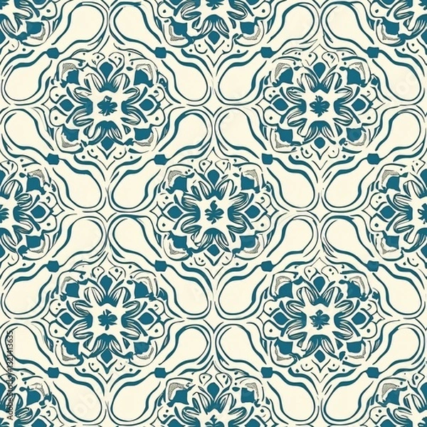 Fototapeta Elegant Teal Floral Tile Pattern: A Seamless Design for Backgrounds, Textiles and Creative Projects, evoking tranquility and timeless elegance.