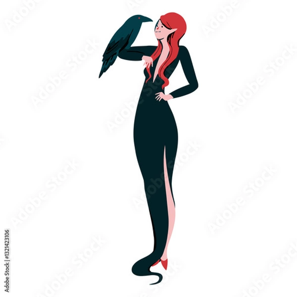 Fototapeta Mystic Enchantment: A tall woman with fiery red hair, adorned in a flowing gown, stands in a serene pose with a raven perched gracefully on her shoulder.