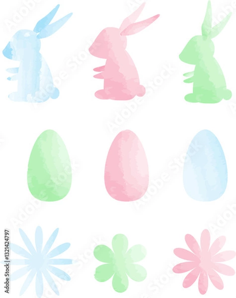 Obraz Set of festive rabbits, flowers and eggs in watercolor style. Creative Easter vector illustration with eggs, spring flowers and rabbits. Modern posters for party decoration