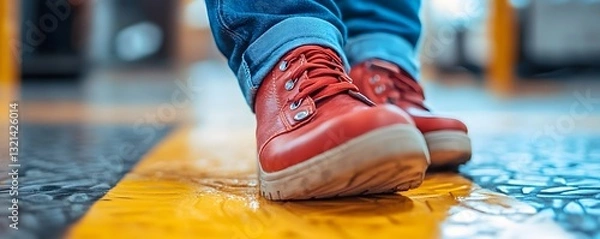 Obraz close-up of red shoes walking on yellow line.