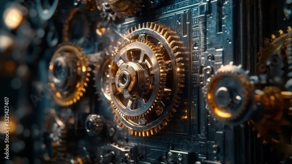 Fototapeta Intricate Clockwork Mechanism: A Detailed Look at Golden Gears and Metallic Components