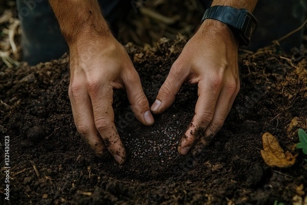 Fototapeta Hands planting seeds in dark soil during a gardening session in a lush outdoor setting with green plants around