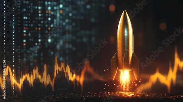 Obraz Gold Rocket Represent Cryptocurrency Market