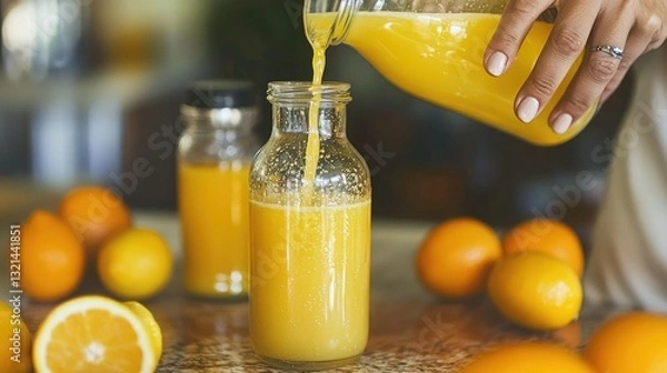 Fototapeta A juicer pouring fresh juice into a glass bottle, with oranges and lemons nearby
