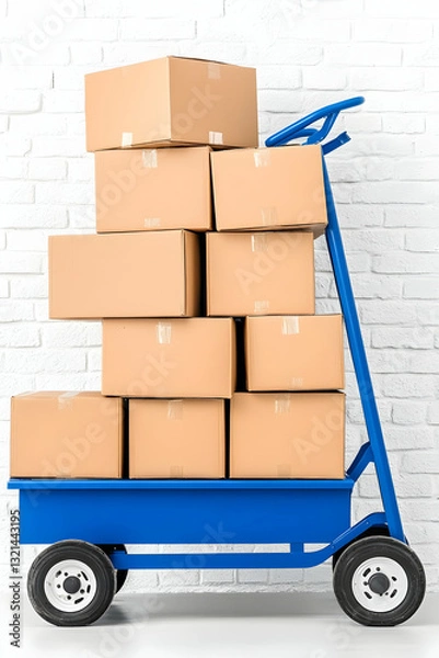 Obraz Stacked cardboard boxes on a blue hand truck against a white brick wall
