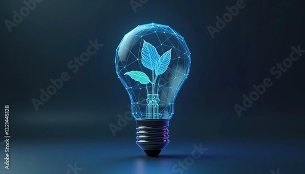 Obraz A blue sprout grows inside wireframe light bulb. Image shows energy-saving, eco-friendly practices. Using less electricity helps environment. Innovation concept of green tech, alternative energy.