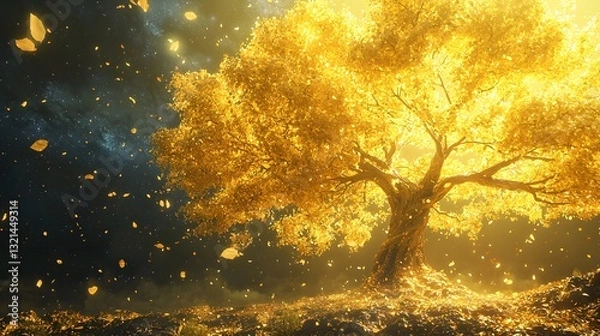 Fototapeta 80. A golden tree standing at the edge of reality, its leaves glowing with infinite knowledge