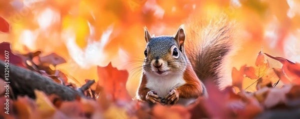 Fototapeta A curious red squirrel nestled among colorful autumn leaves is seen