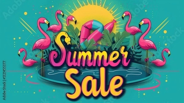 Obraz Summer sale poster with flamingos and pool float