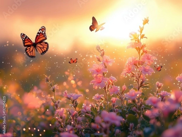 Obraz Beautiful summer morning landscape with flowering plants in the rays of the rising sun with morning dew and flying butterflies