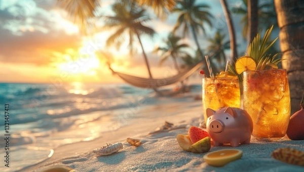 Fototapeta Saving Money for a Tropical Honeymoon Vacation at the Beach with a Cute Pink Piggy Bank and Colorful Tropical Drinks