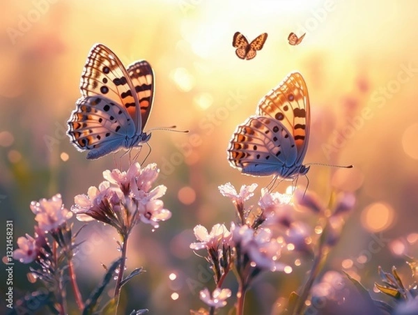 Obraz Beautiful summer morning landscape with flowering plants in the rays of the rising sun with morning dew and flying butterflies