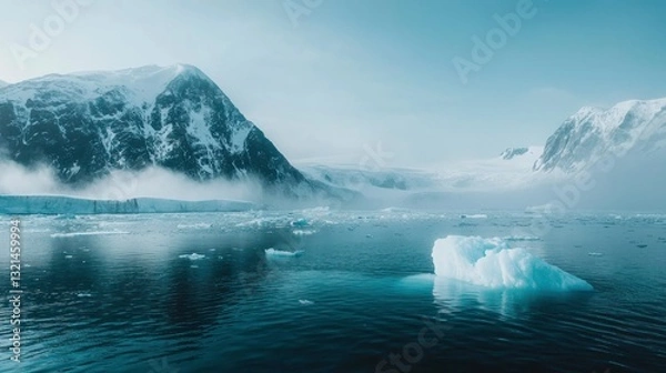 Fototapeta Wide shot of icebergs floating in the ocean near an alpine mountain in foggy weather