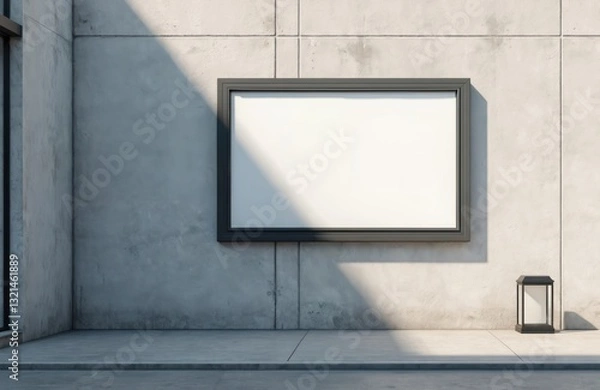 Fototapeta Store signage mockup on white concrete wall. Signboard with blank white space for shop branding. Urban background with sunlight shadows, ideal for business advertising, logo presentation, corporate