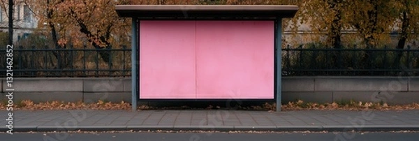 Fototapeta A vibrant pink bus stop stands alone against a backdrop of fall foliage and a stone wall, evoking feelings of solitude and urban charm in a seasonal setting.