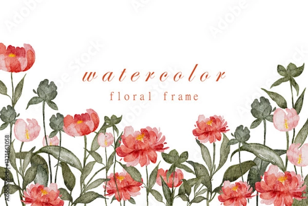 Fototapeta Colorful spring background with red and soft pink watercolor flowers