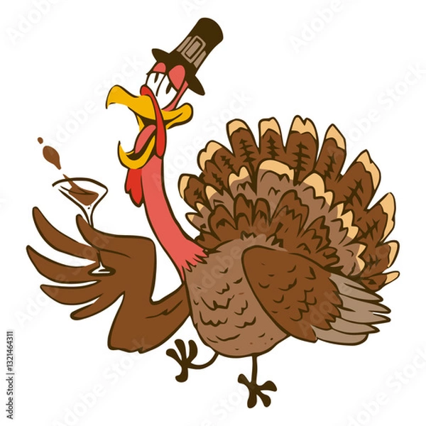 Fototapeta Drunk Turkey in Celebration: An amusing illustration showcases a jovial turkey, dressed in a pilgrim hat and clutching a cocktail, clearly in the midst of a festive celebration.