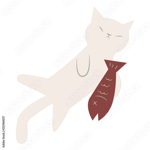Fototapeta A Cat and Fish: A playful illustration of a relaxed cat, clutching a fish, evokes a sense of calm and lightheartedness, perfect for projects needing a touch of whimsy.