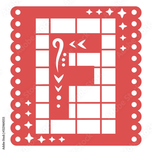 Fototapeta Vibrant Papel Picado 'F': Intricate red papel picado with the letter 'F' cut out, adorned with delicate patterns and shapes, creating a festive and culturally rich graphic element.