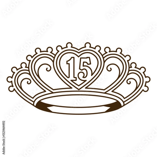 Fototapeta Royal Anniversary Celebration: A detailed illustration of a crown adorned with intricate heart-shaped designs and the number '15', symbolizing a special occasion, is presented in a clean.