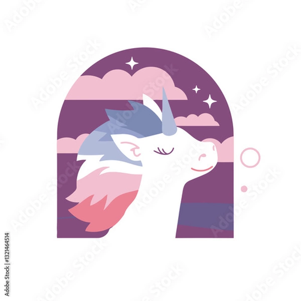 Fototapeta Magical Unicorn in the Sky: A whimsical illustration showcases a serene unicorn. Bathed in a dreamy atmosphere, the image features a fantastical creature and a peaceful landscape.