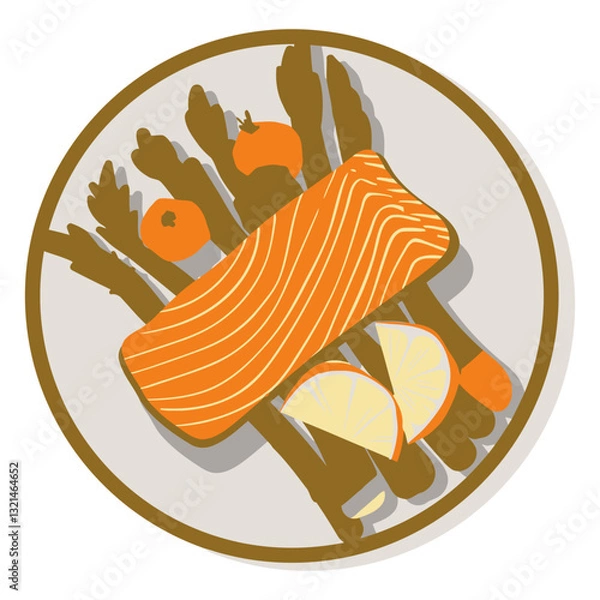 Fototapeta Healthy Cuisine: A beautifully arranged plate features a succulent salmon fillet, asparagus spears, and fresh tomato slices, presented in a flat illustration style.