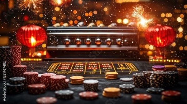 Fototapeta A festive casino setting with glowing lights and casino chips