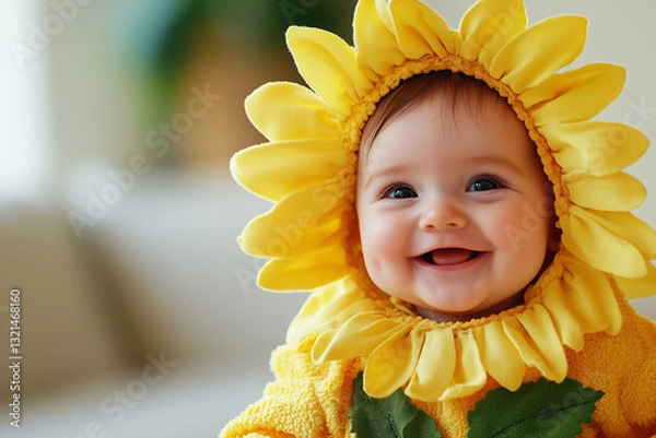 Fototapeta Sweet Little baby is dressed in a yellow flower outfit. The baby is smiling and looks happy.