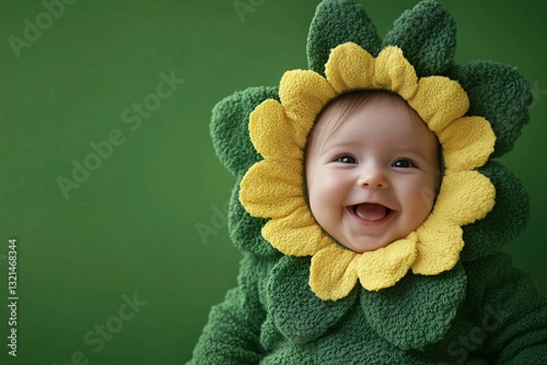 Fototapeta Sweet Little baby is dressed in a yellow flower outfit. The baby is smiling and looks happy. place for writing text