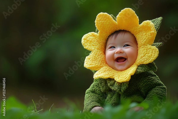 Fototapeta Sweet Little baby is dressed in a yellow flower outfit. The baby is smiling and looks happy. place for writing text