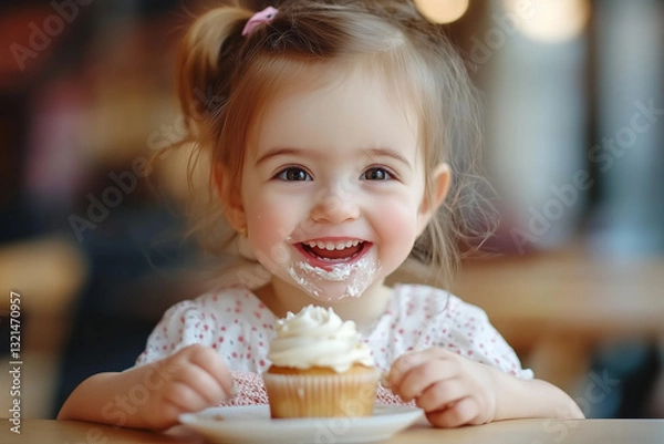 Fototapeta A little girl with sparkling eyes and a big smile holds a delicious cupcake with whipped cream. The warm bokeh background enhances the joyful and festive mood, making it perfect for celebration themes