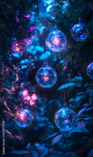 Fototapeta Enchanting garden illuminated with celestial glass orbs and vibrant botanical foliage