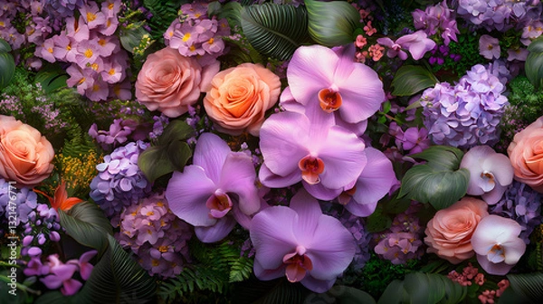 Fototapeta A Vibrant Composition of Beautiful Colorful Flowers and Greenery