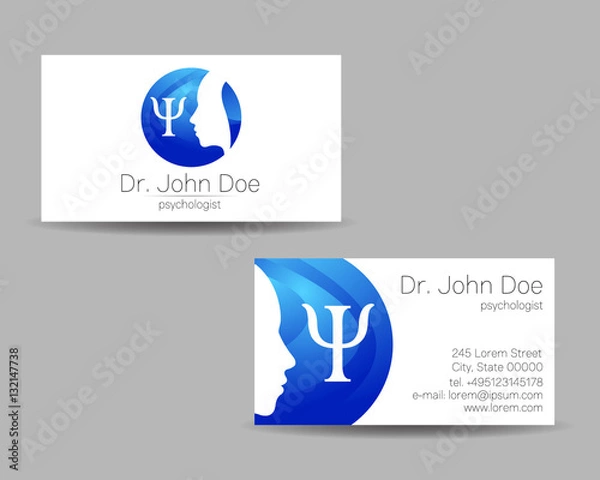 Fototapeta Psychology vector visit card. Modern logo. Creative style. Design concept. Brand company. Blue color isolated on gray background. Symbol for web, print. vVsiting personal set