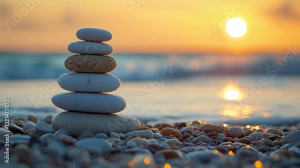 Fototapeta A serene sunset scene featuring a balanced stack of stones on a pebbly beach, with gentle waves lapping at the shore.