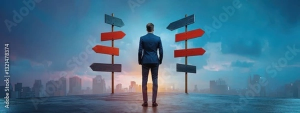 Fototapeta Businessman Facing Multiple Directional Signs at Sunset View