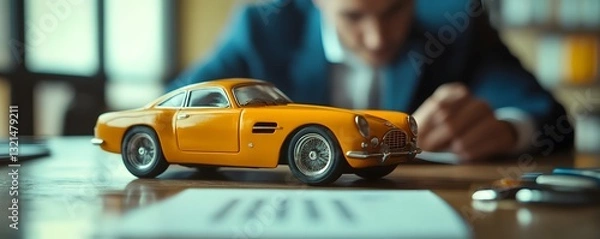 Obraz a yellow toy car on the table with a man and document in the background.