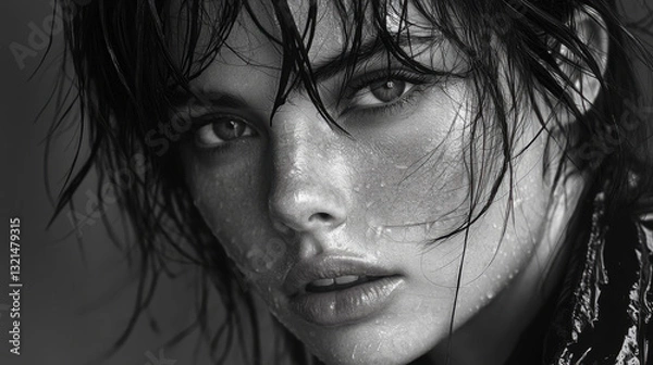 Fototapeta A striking black and white portrait of a woman with wet hair and captivating eyes, exuding a sense of mystery and emotion.