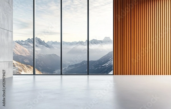 Fototapeta Modern empty room with panoramic mountain view.